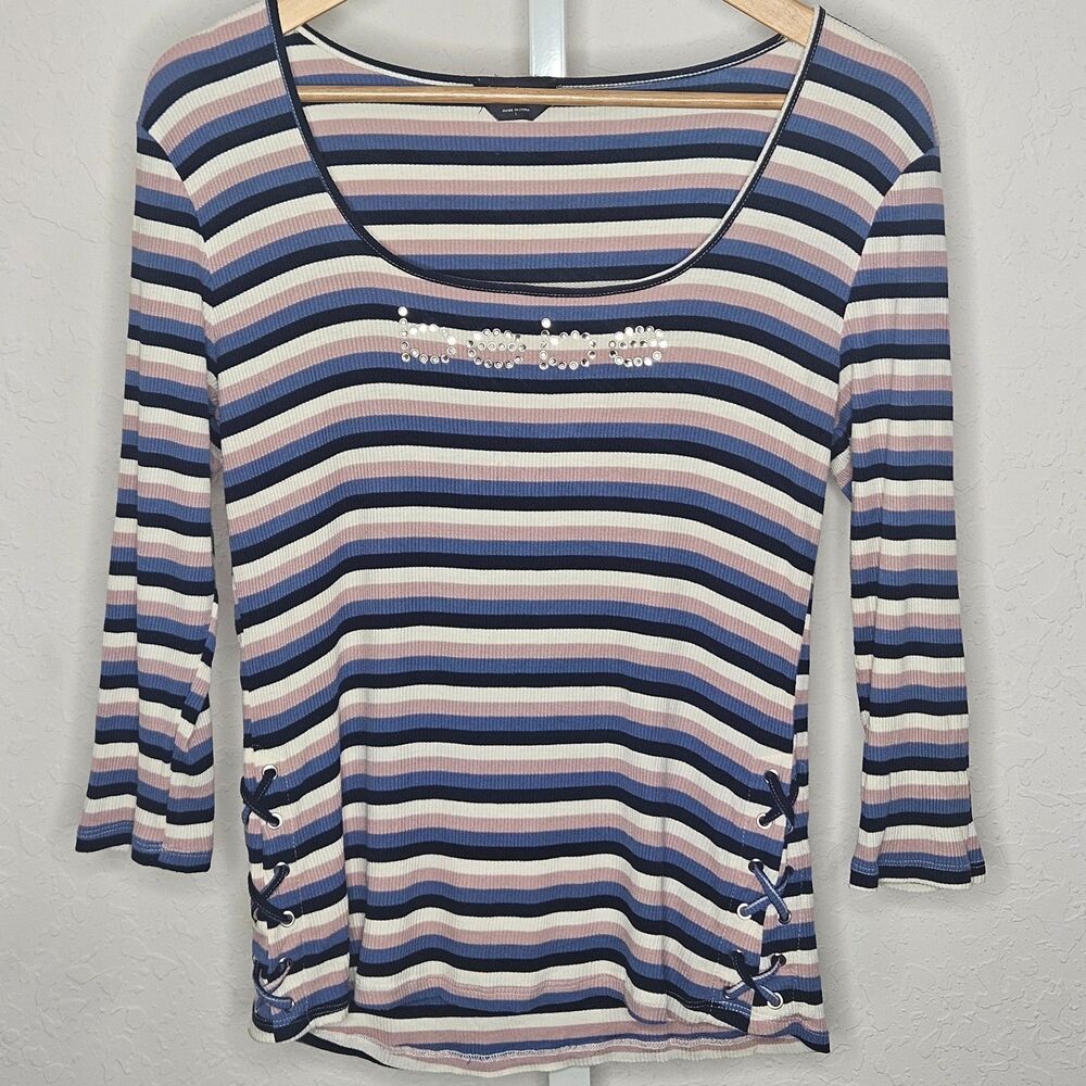 Bebe Vintage Y2K‎ Striped Top Rhinestone Logo Lace Up 3/4 Sleeve Shirt L